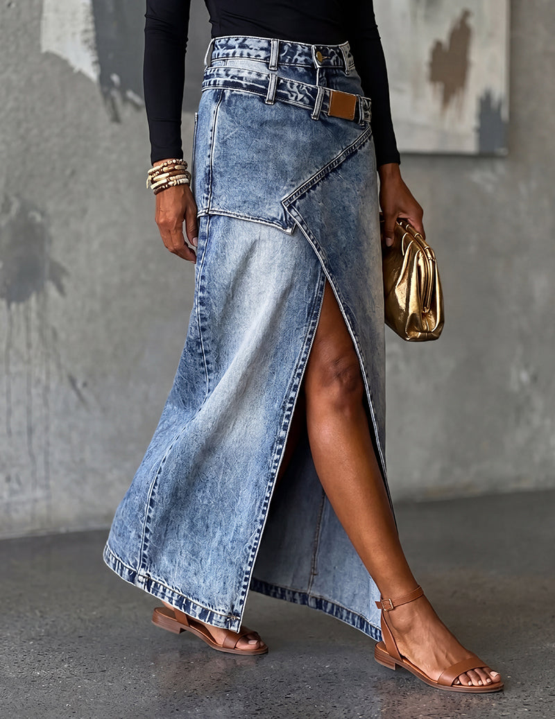 Gonna Maxi Donna in Denim Asimmetrica con Spacco Frontale