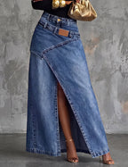 Gonna Maxi Donna in Denim Asimmetrica con Spacco Frontale