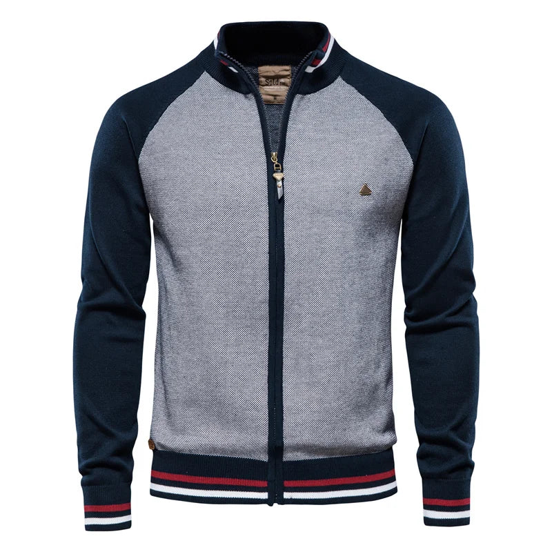 Cardigan Uomo Bicolore con Zip e Collo Alto a Coste