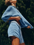Conjunto completo de dos piezas para mujer de punto, con top de cuello en V y shorts