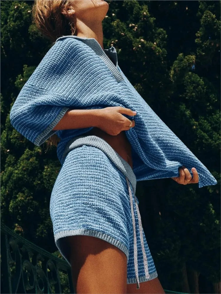 Conjunto completo de dos piezas para mujer de punto, con top de cuello en V y shorts