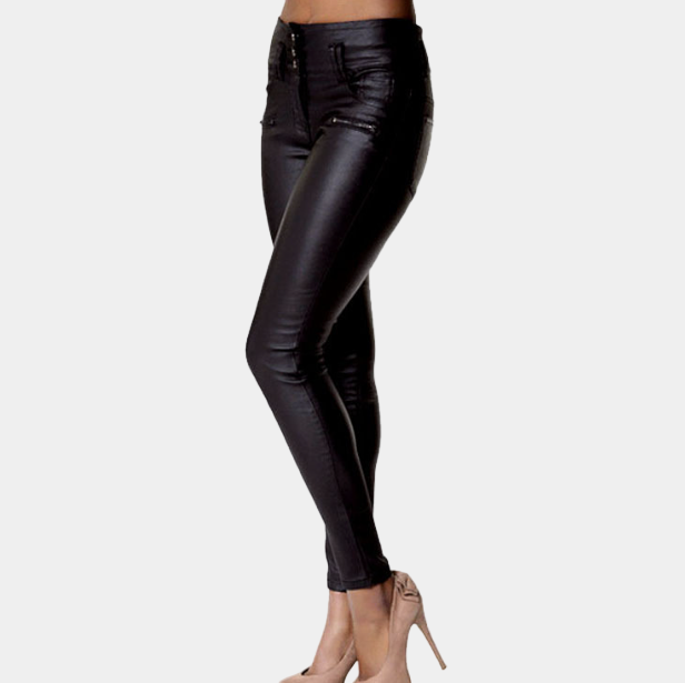 Pantalon skinny pour femme taille haute - effet cuir noir extensible