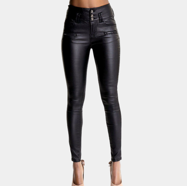 Pantalon skinny pour femme taille haute - effet cuir noir extensible