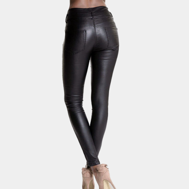 Pantalon skinny pour femme taille haute - effet cuir noir extensible