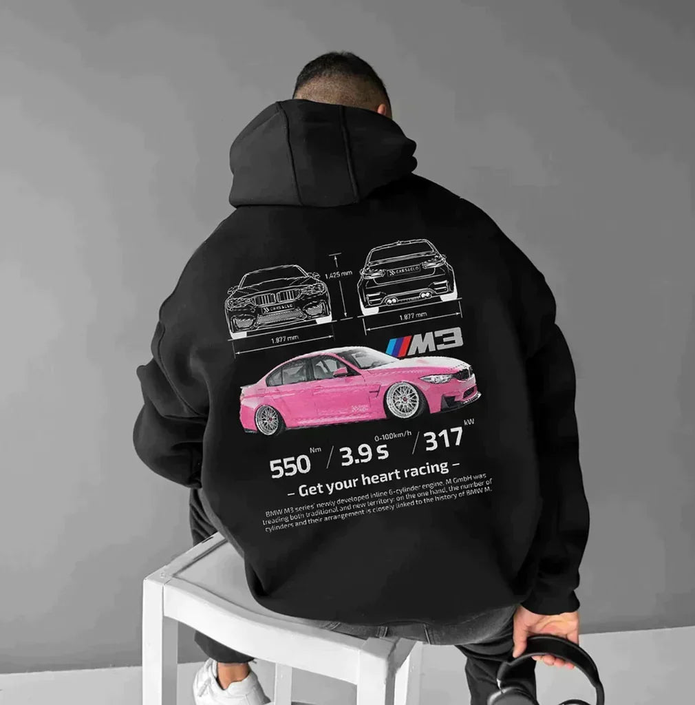 Felpa Oversize Uomo con Cappuccio e Stampa Auto – Streetwear dal Carattere Audace