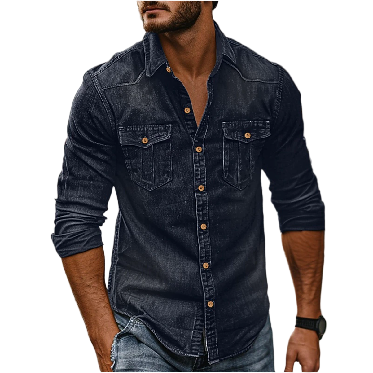 Miesten denim-paita rintataskuilla