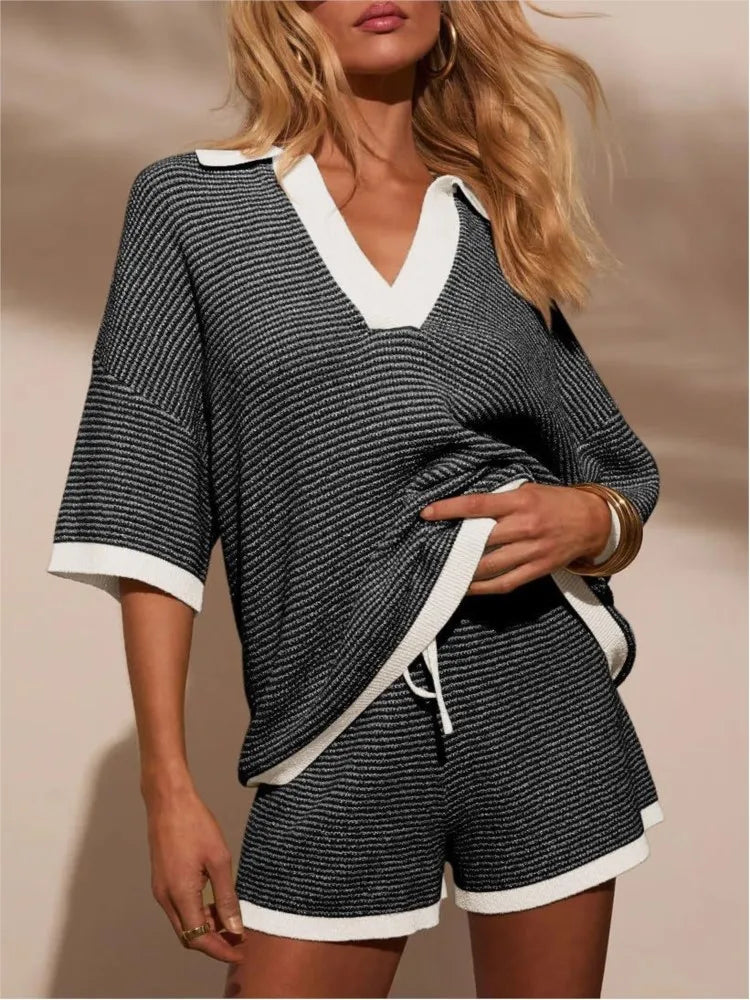 Conjunto completo de dos piezas para mujer de punto, con top de cuello en V y shorts