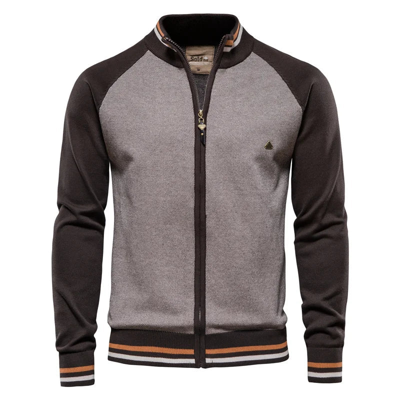 Cardigan Uomo Bicolore con Zip e Collo Alto a Coste