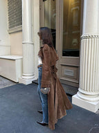Trench maxi pour femme en imitation daim avec ceinture