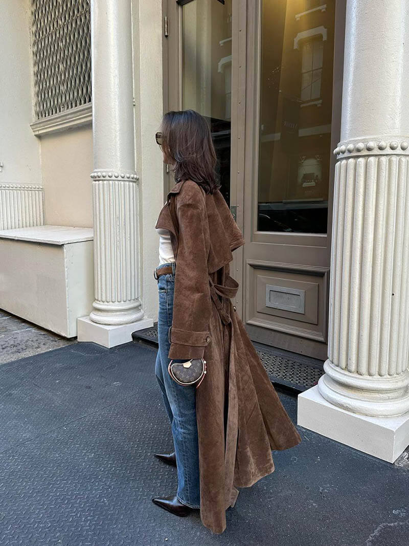 Trench maxi pour femme en imitation daim avec ceinture