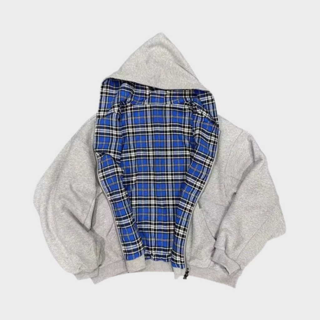 Giacca Reversibile Uomo Oversize con Cappuccio – Doppio Stile con Zip e Fantasia a Quadri
