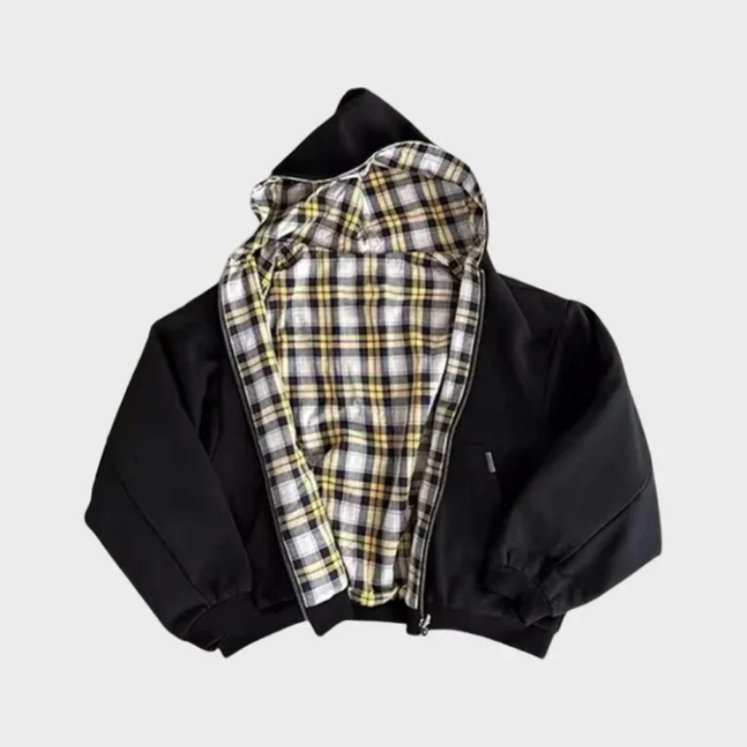 Veste réversible oversize pour homme avec capuche – Deux styles avec fermeture éclair et motif à carreaux
