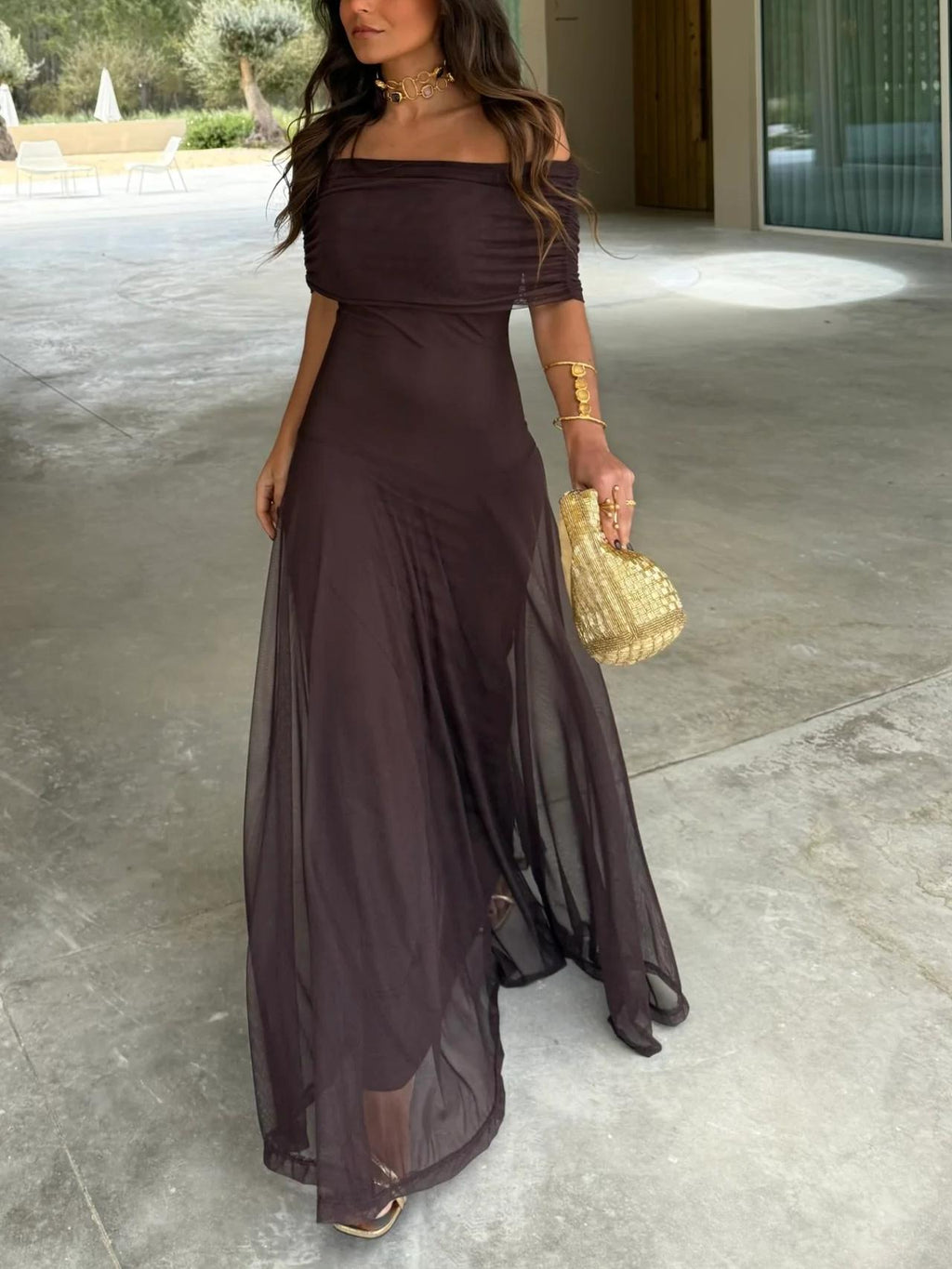 Robe maxi pour femme en chiffon à épaules dénudées