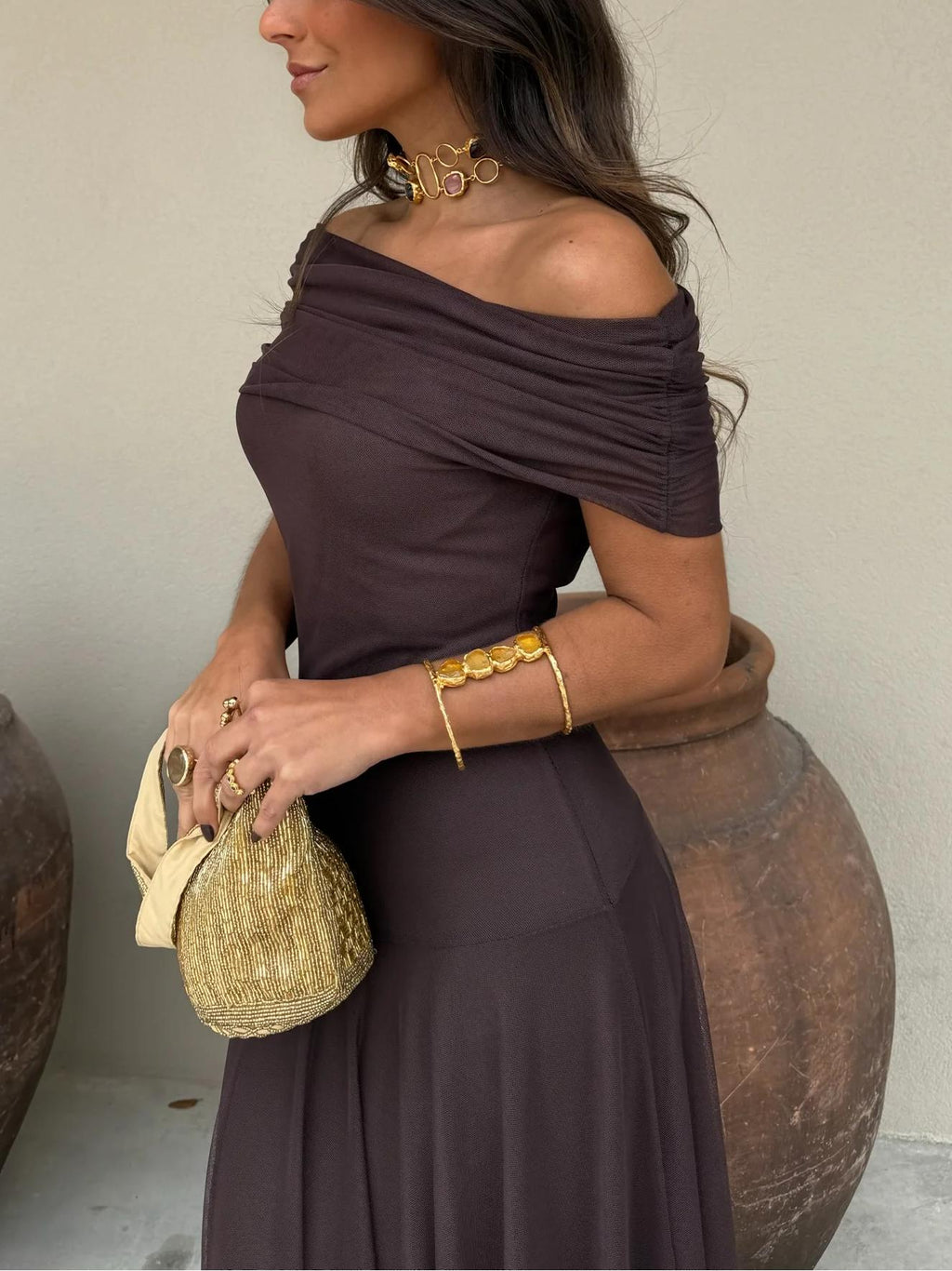 Robe maxi pour femme en chiffon à épaules dénudées