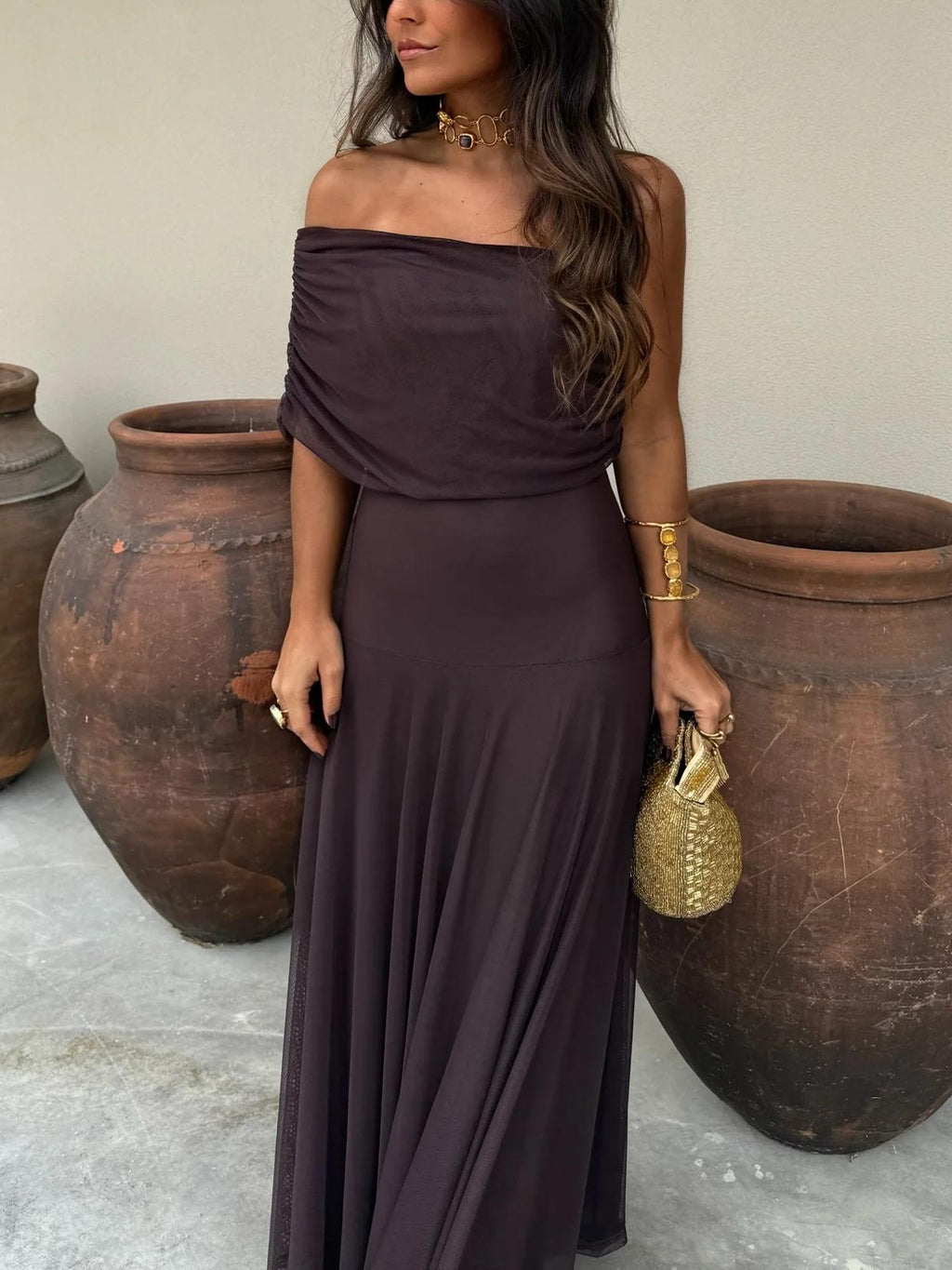 Robe maxi pour femme en chiffon à épaules dénudées