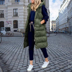 Gilet long matelassé pour femme avec capuche – Veste sans manches élégante pour l’automne et l’hiver