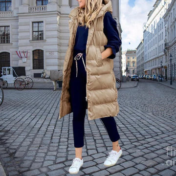 Gilet long matelassé pour femme avec capuche – Veste sans manches élégante pour l’automne et l’hiver