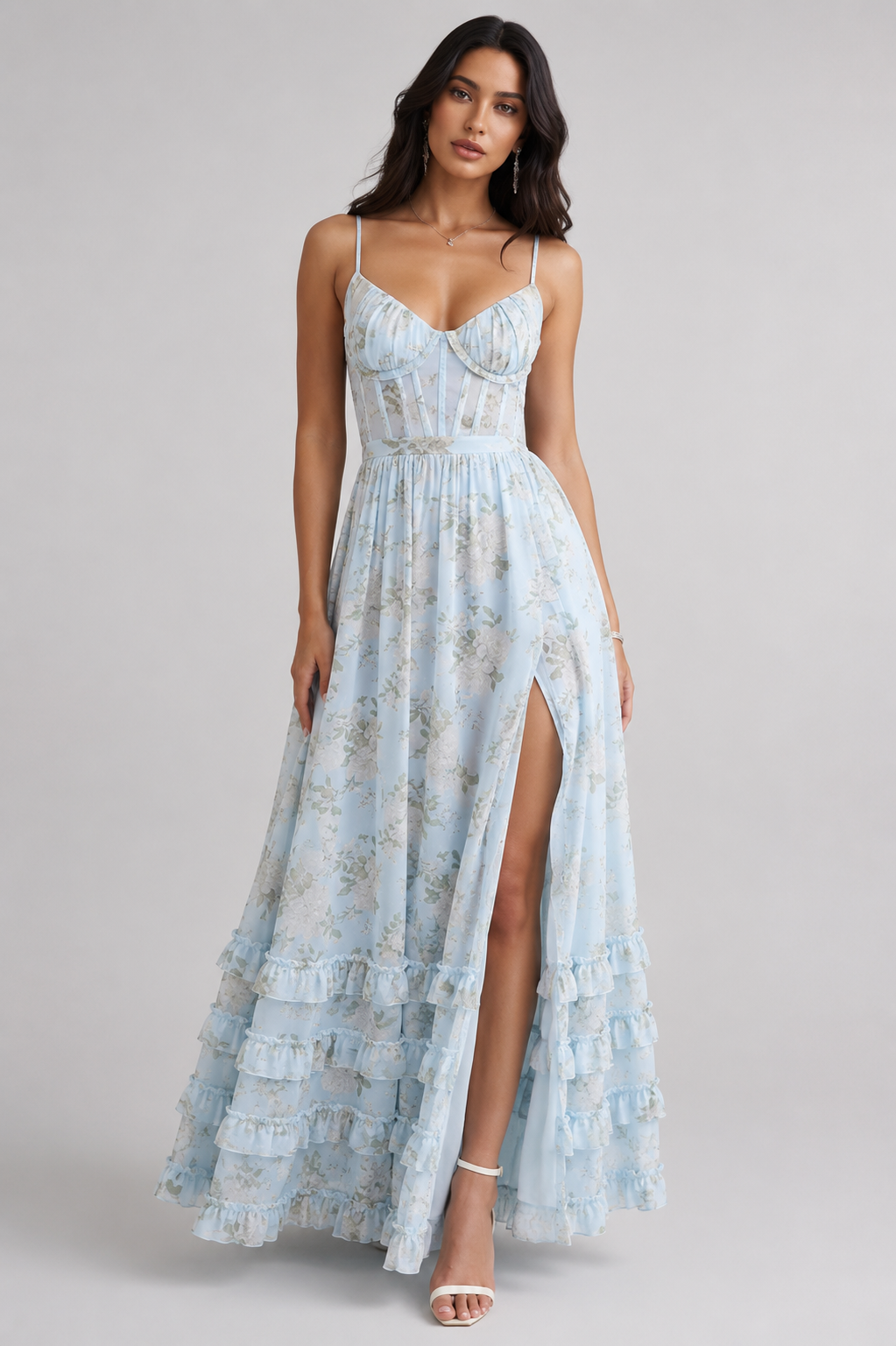 Vestido maxi de mujer, estilo bohemio, con volante y abertura alta