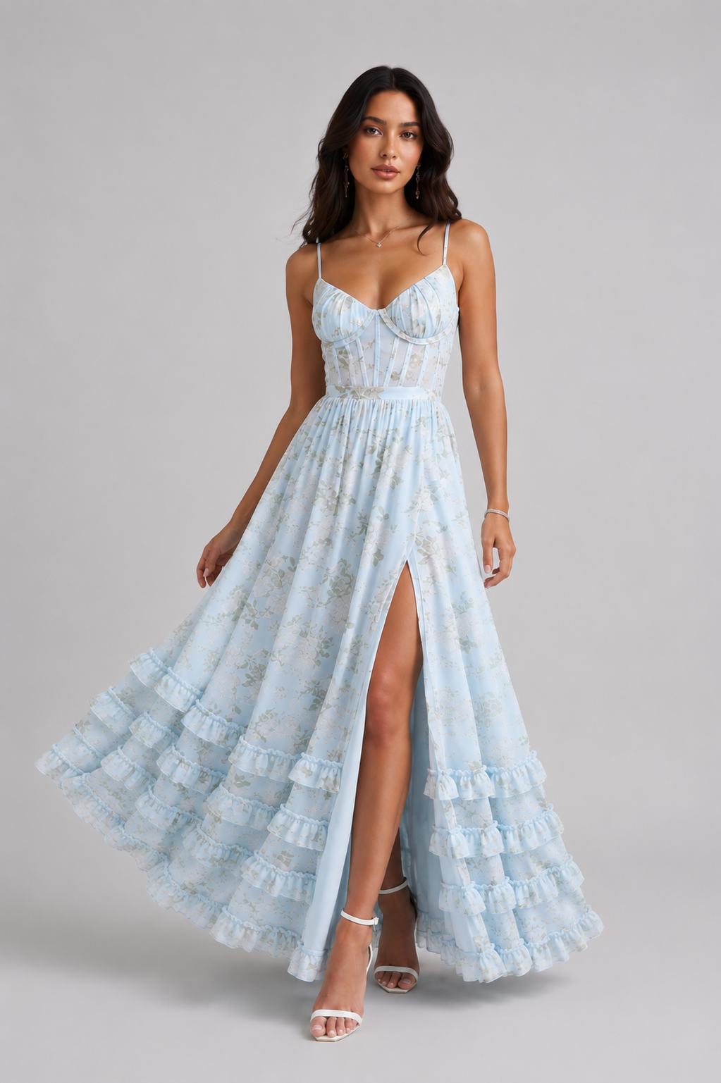 Vestido maxi de mujer, estilo bohemio, con volante y abertura alta