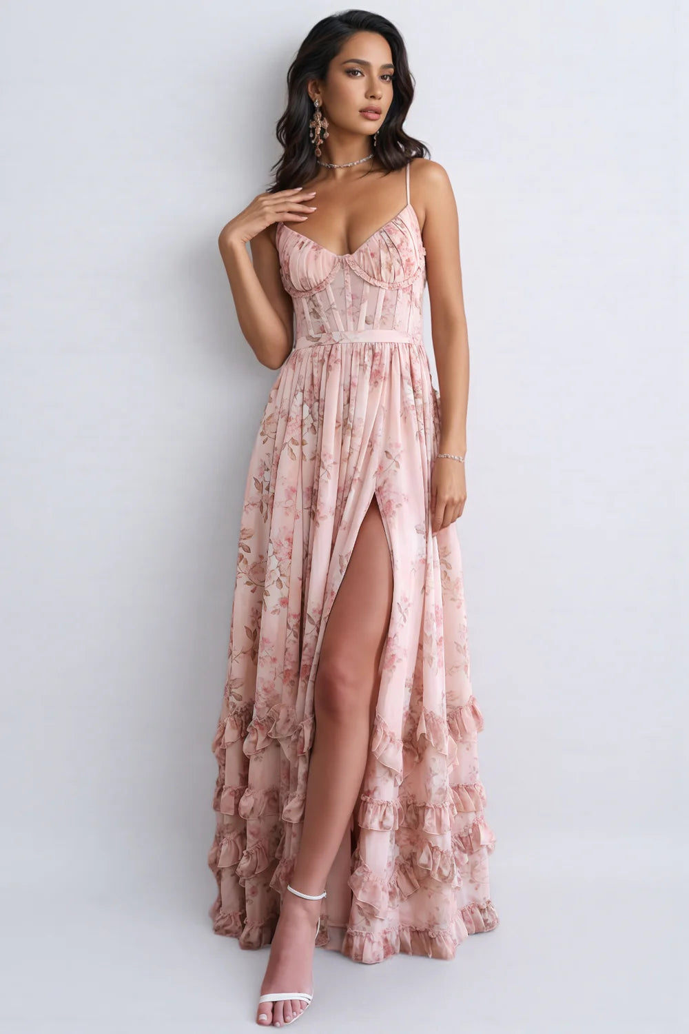 Vestido maxi de mujer, estilo bohemio, con volante y abertura alta