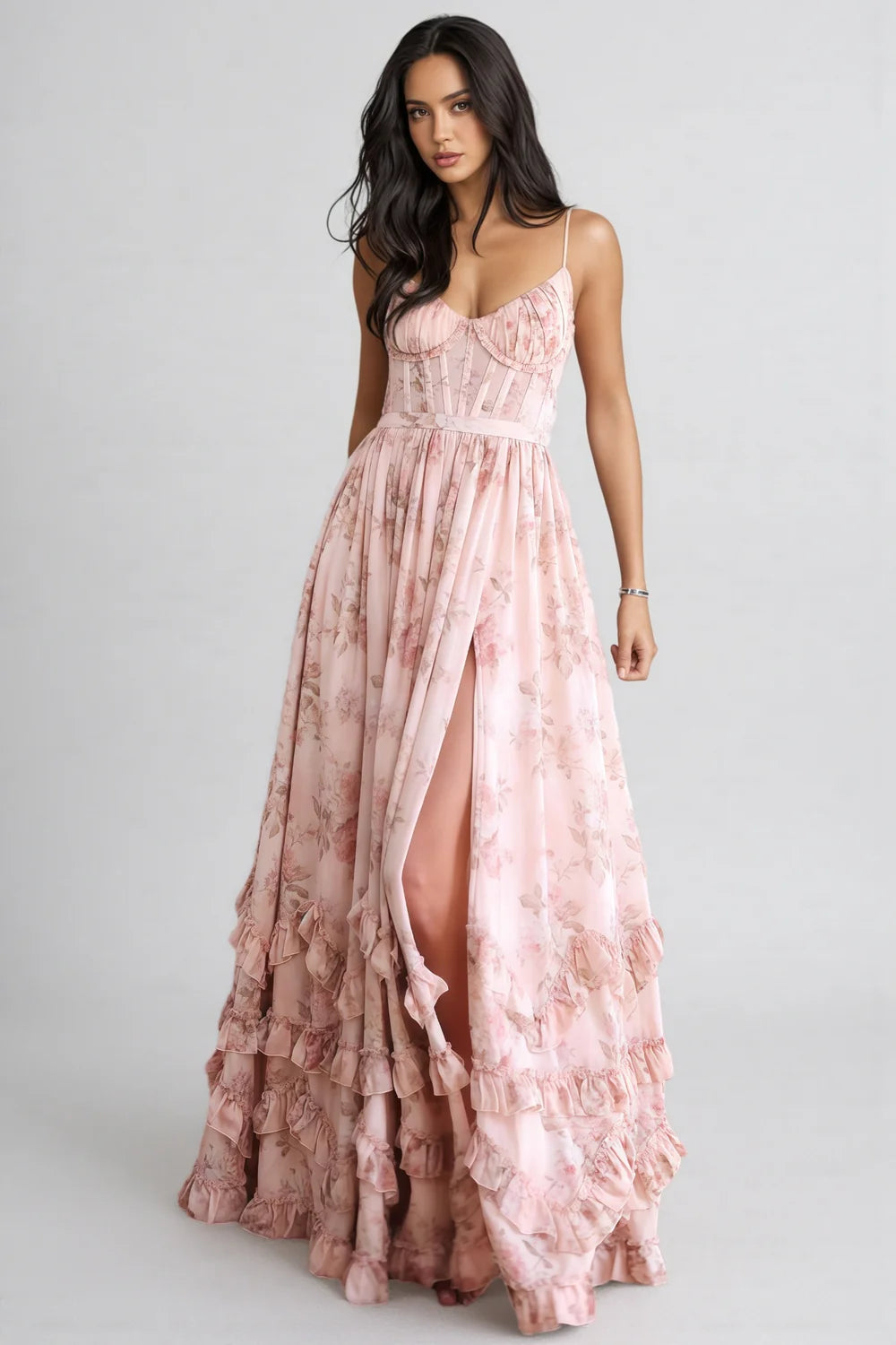 Vestido maxi de mujer, estilo bohemio, con volante y abertura alta