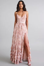 Vestido maxi de mujer, estilo bohemio, con volante y abertura alta