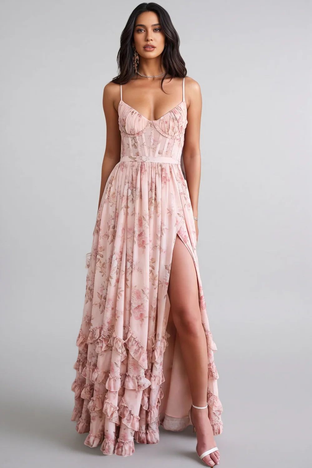 Vestido maxi de mujer, estilo bohemio, con volante y abertura alta