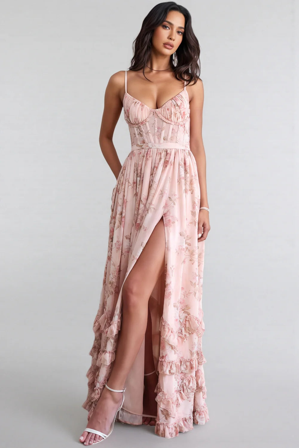 Vestido maxi de mujer, estilo bohemio, con volante y abertura alta
