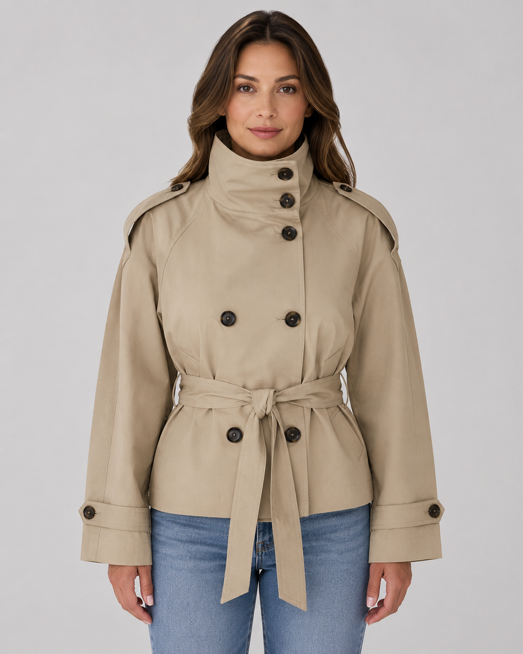 Gabardina corta para mujer con cinturón