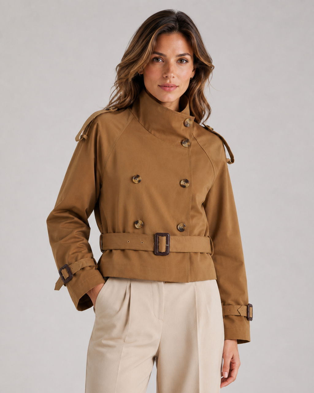 Trench Corto Donna Doppiopetto con Collo Alto