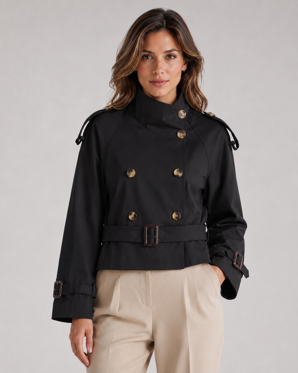 Trench Corto Donna Doppiopetto con Collo Alto