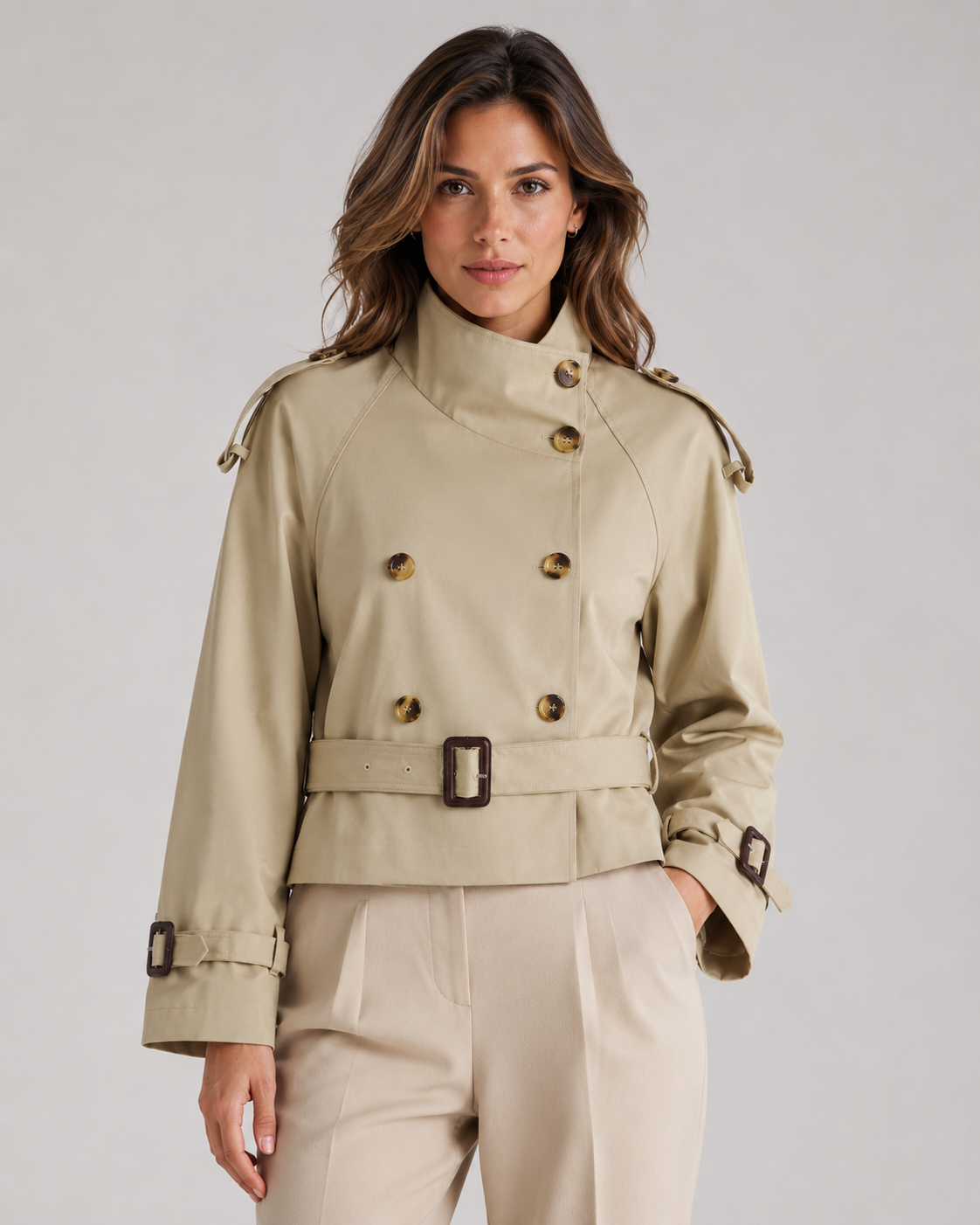 Trench Corto Donna Doppiopetto con Collo Alto