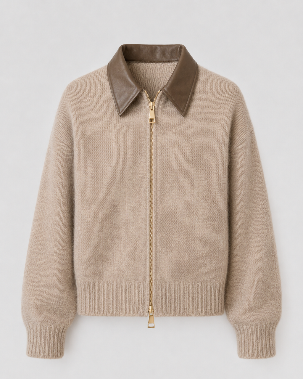Cardigan Donna in Maglia con Colletto in Pelle