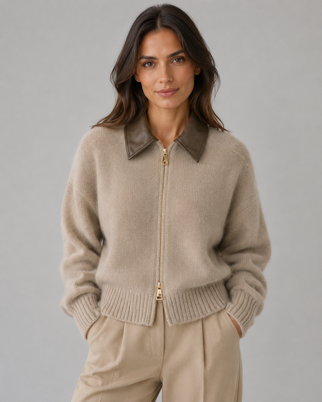 Cardigan Donna in Maglia con Colletto in Pelle