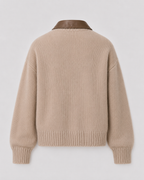 Cardigan Donna in Maglia con Colletto in Pelle