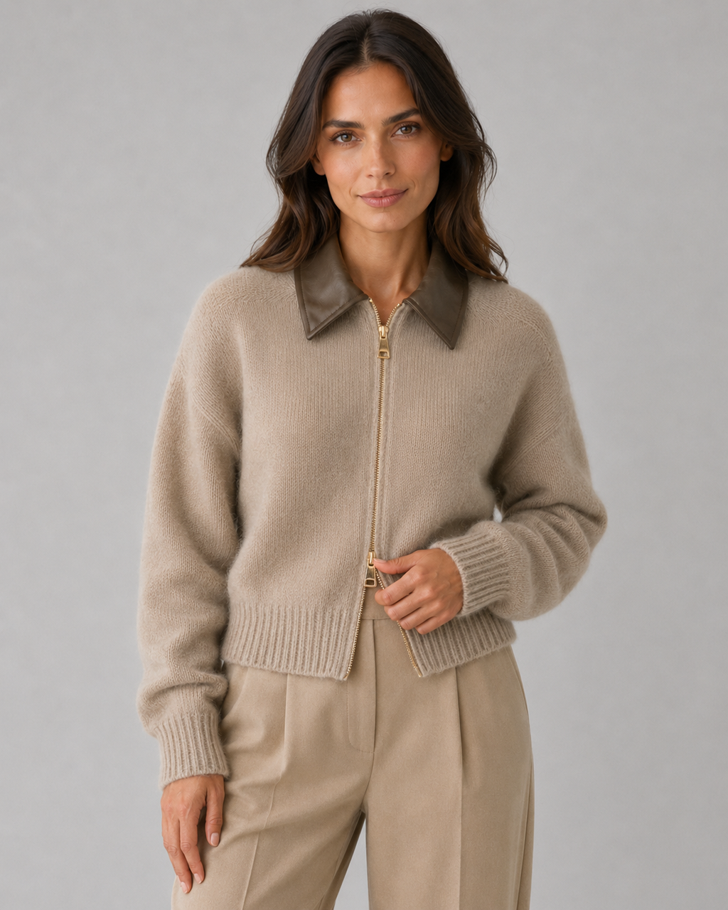 Cardigan Donna in Maglia con Colletto in Pelle