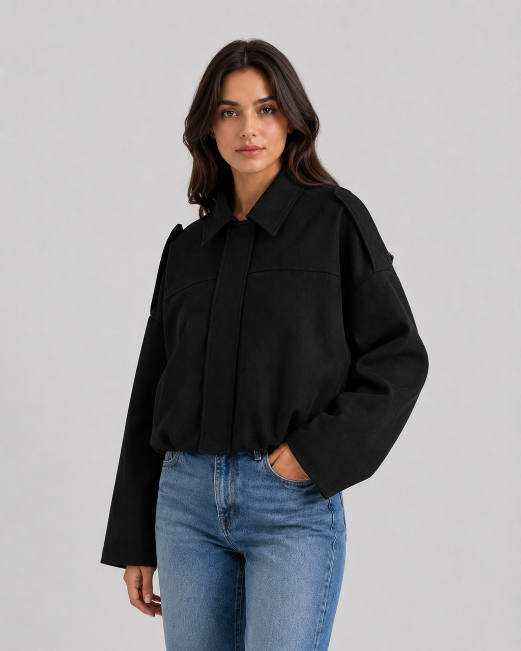 Giacca Corta Donna Effetto Camoscio con Zip