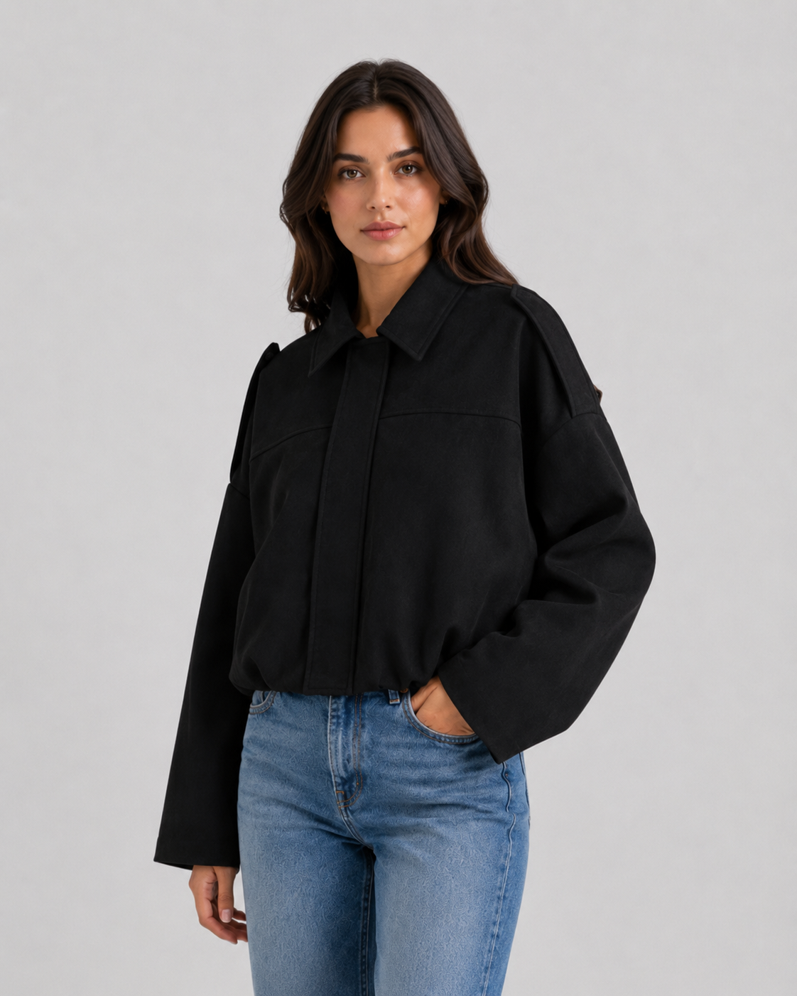 Giacca Corta Donna Effetto Camoscio con Zip