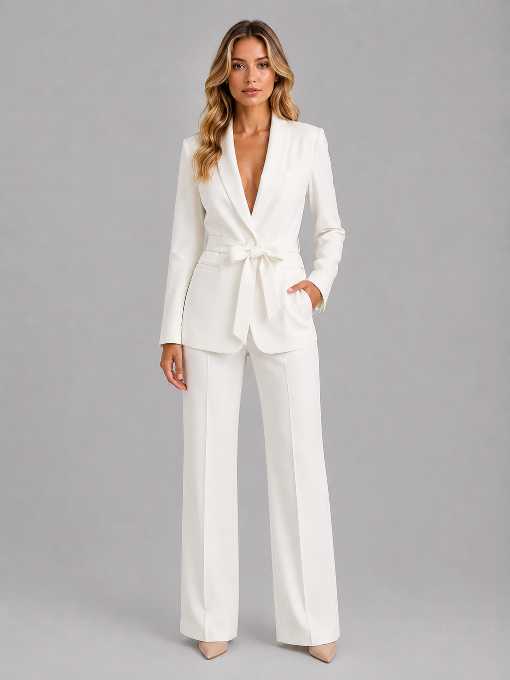 Ensemble femme avec blazer ceinturé et pantalon à jambes larges