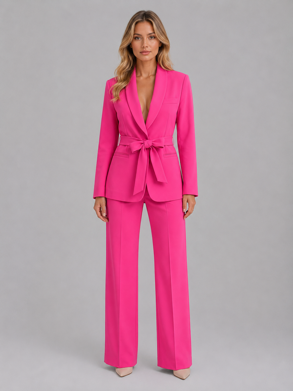 Ensemble femme avec blazer ceinturé et pantalon à jambes larges