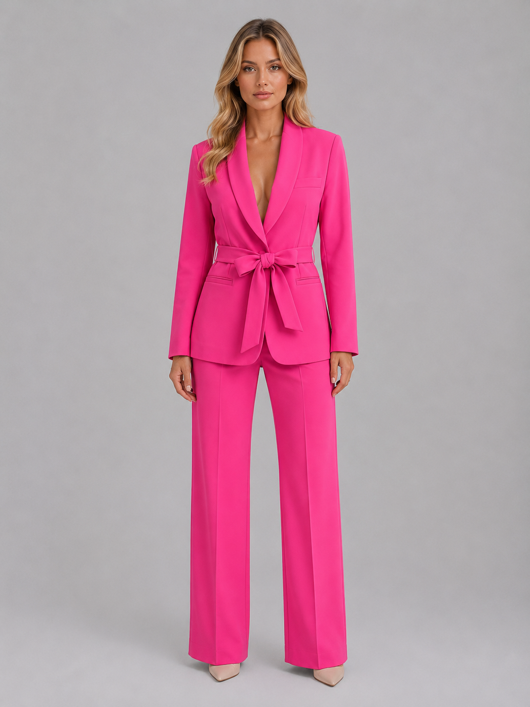 Ensemble femme avec blazer ceinturé et pantalon à jambes larges