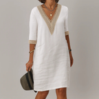 Vestido de mujer bohemio de mezcla de lino con escote en V