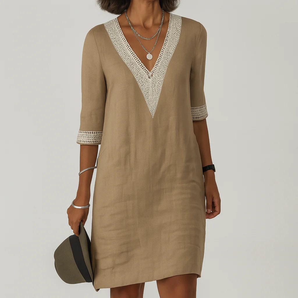 Vestido de mujer bohemio de mezcla de lino con escote en V