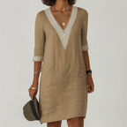 Vestido de mujer bohemio de mezcla de lino con escote en V