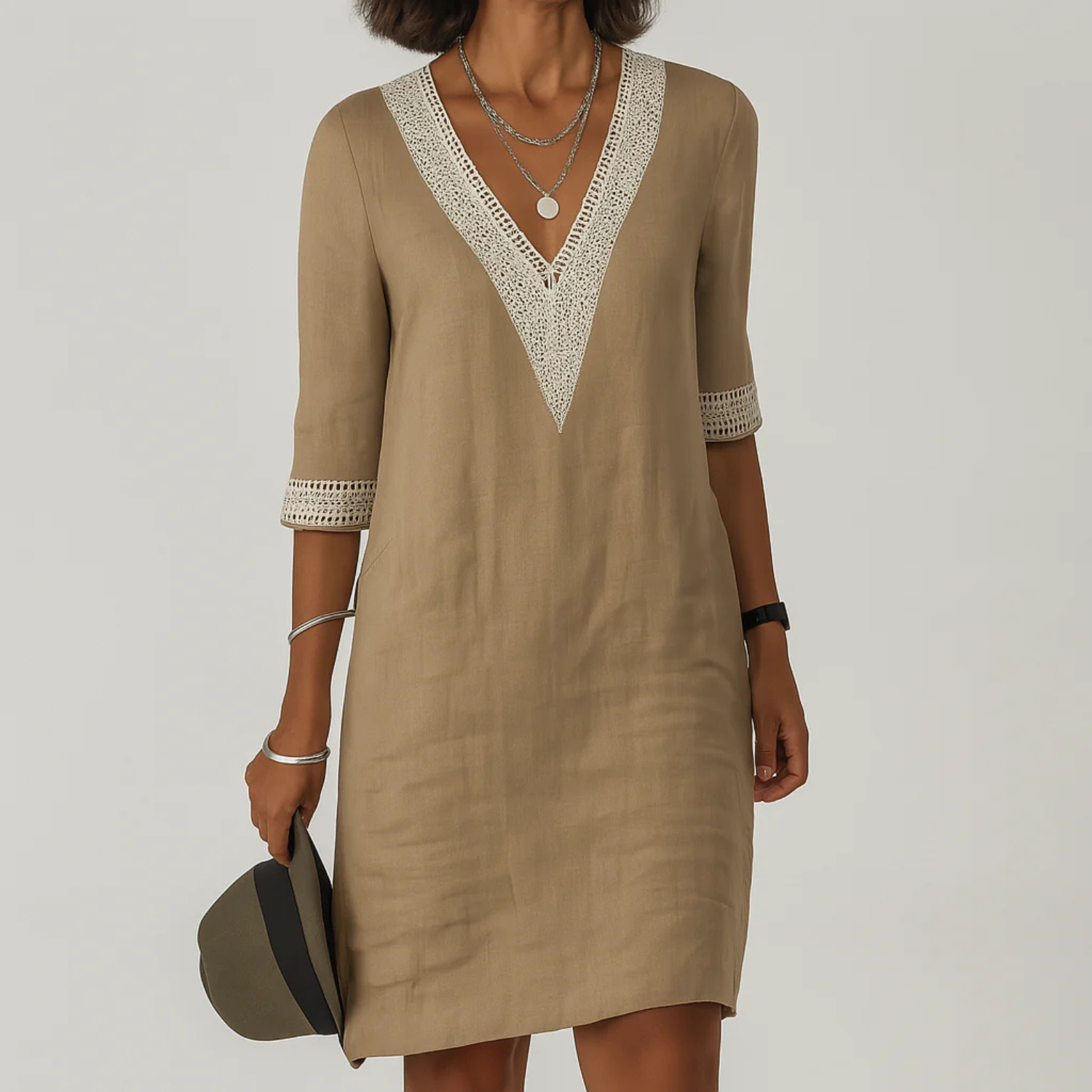Vestido de mujer bohemio de mezcla de lino con escote en V
