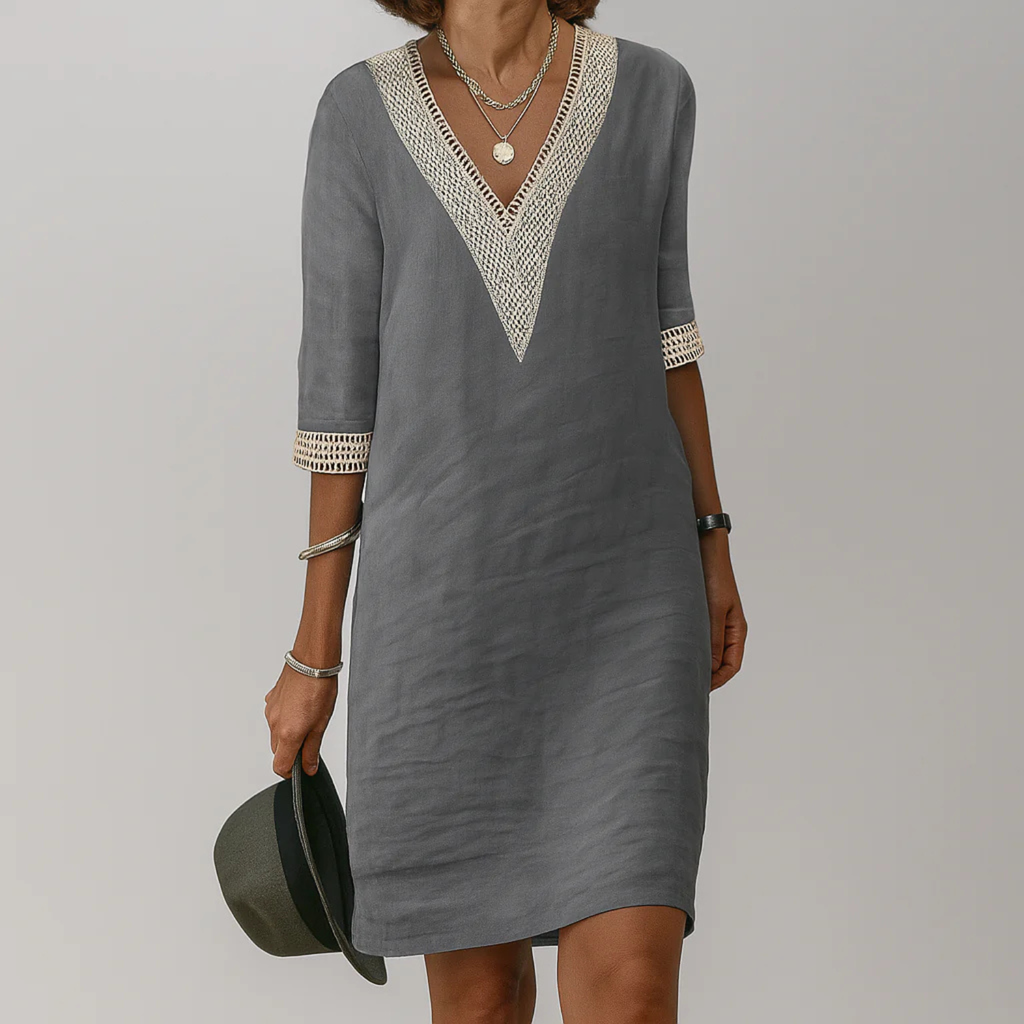 Vestido de mujer bohemio de mezcla de lino con escote en V