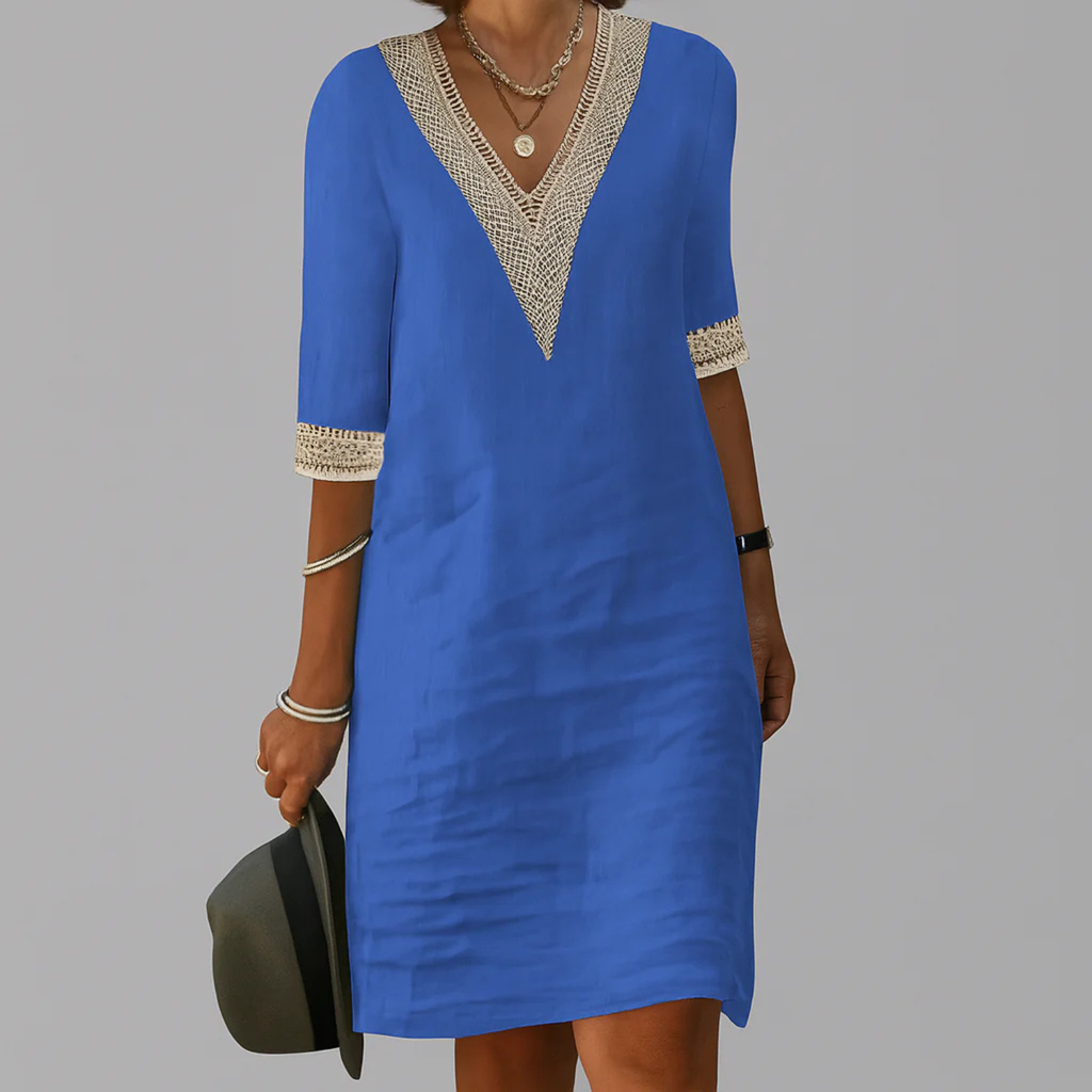 Vestido de mujer bohemio de mezcla de lino con escote en V