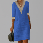 Vestido de mujer bohemio de mezcla de lino con escote en V
