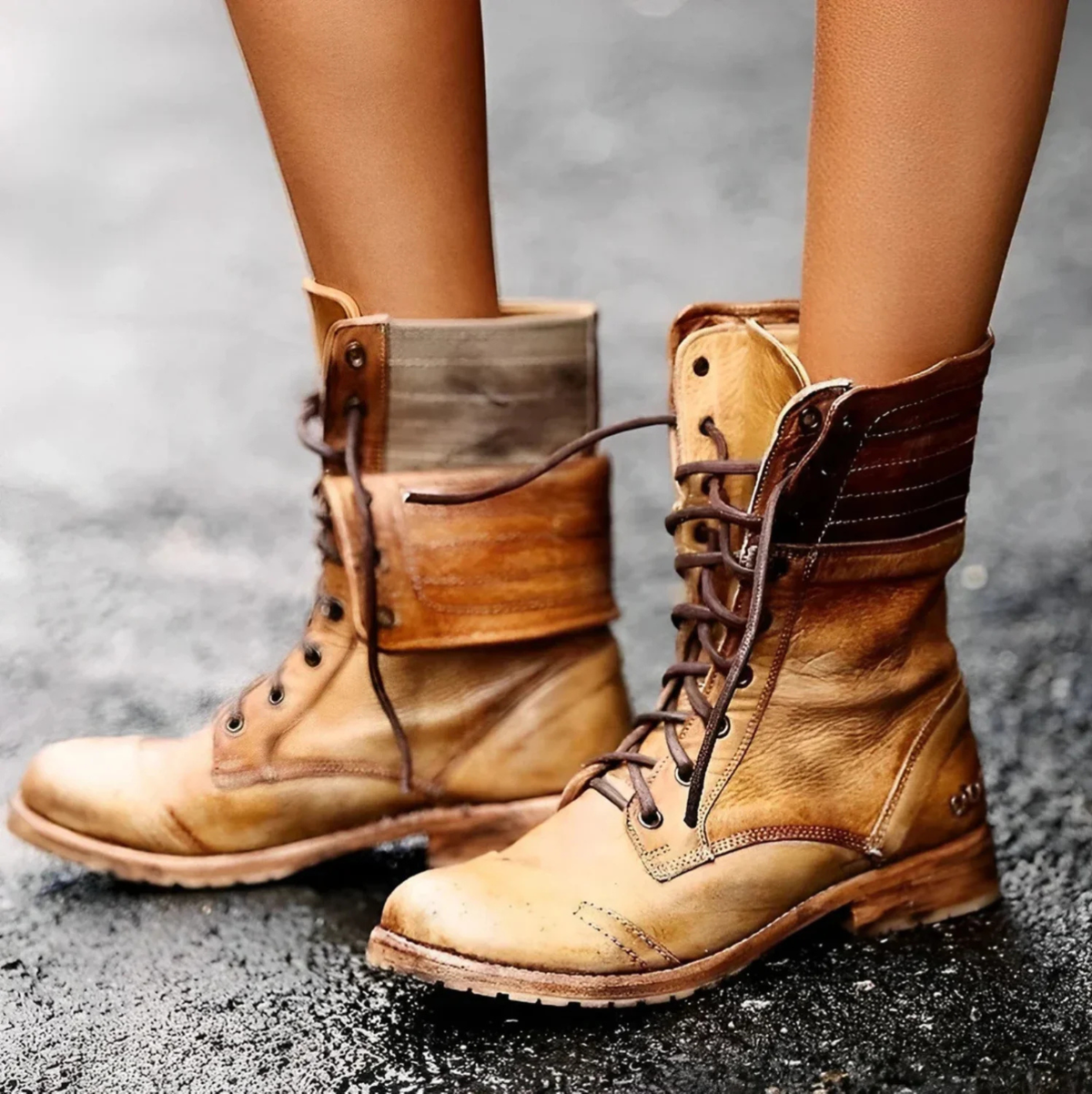 Botines retro de mujer con cordones y efecto piel