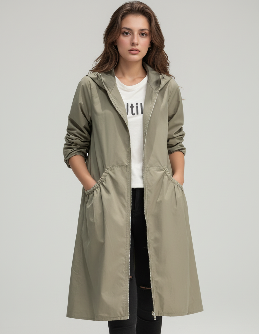 ANFINITE - Dame Vandtæt Knælang Frakke – Casual Hættetrøje med Lynlås